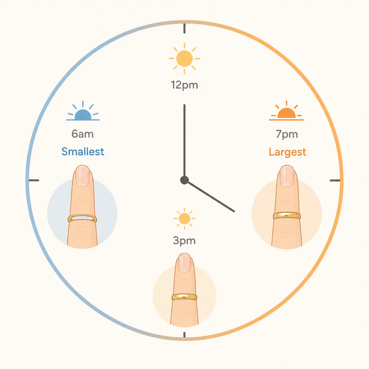 Infographic showing finger size variation throughout the day, with the largest size occurring in the evening