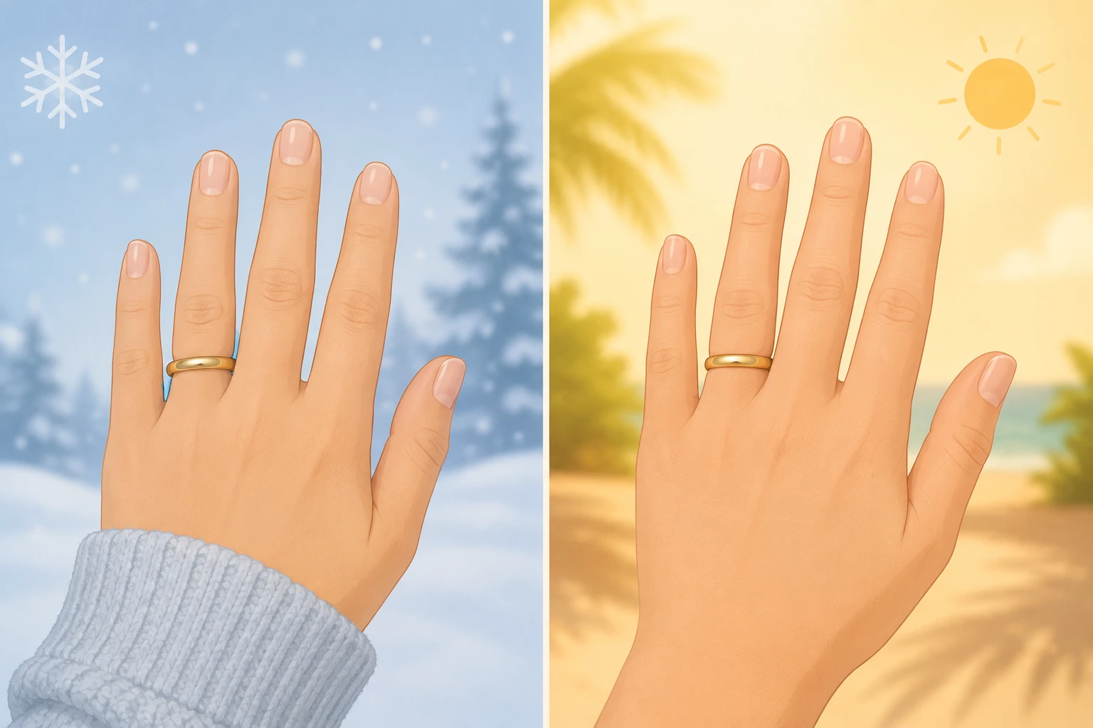 Side-by-side comparison of ring fit in cold weather versus warm weather showing how the same ring fits looser in cold and snugger in heat