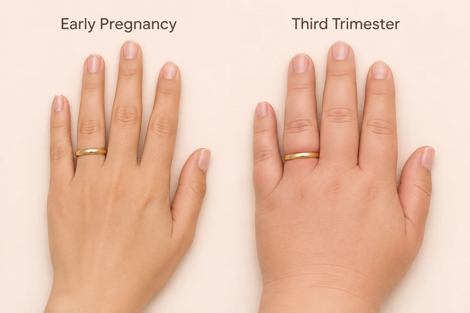 Comparison showing how pregnancy swelling affects ring fit from the first to third trimester