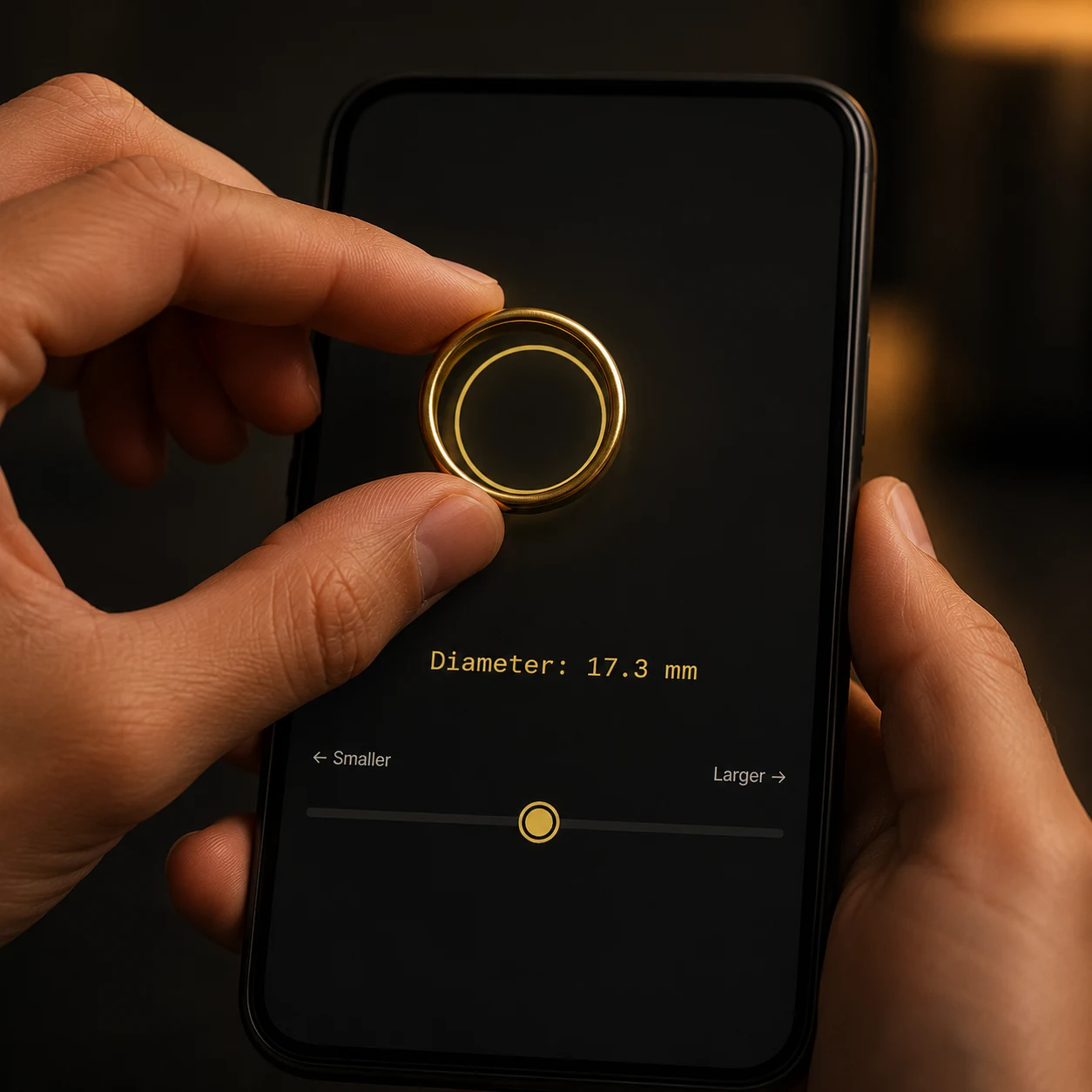 Compare your ring to the on-screen circle Ring held up against the on-screen sizing circle to compare sizes