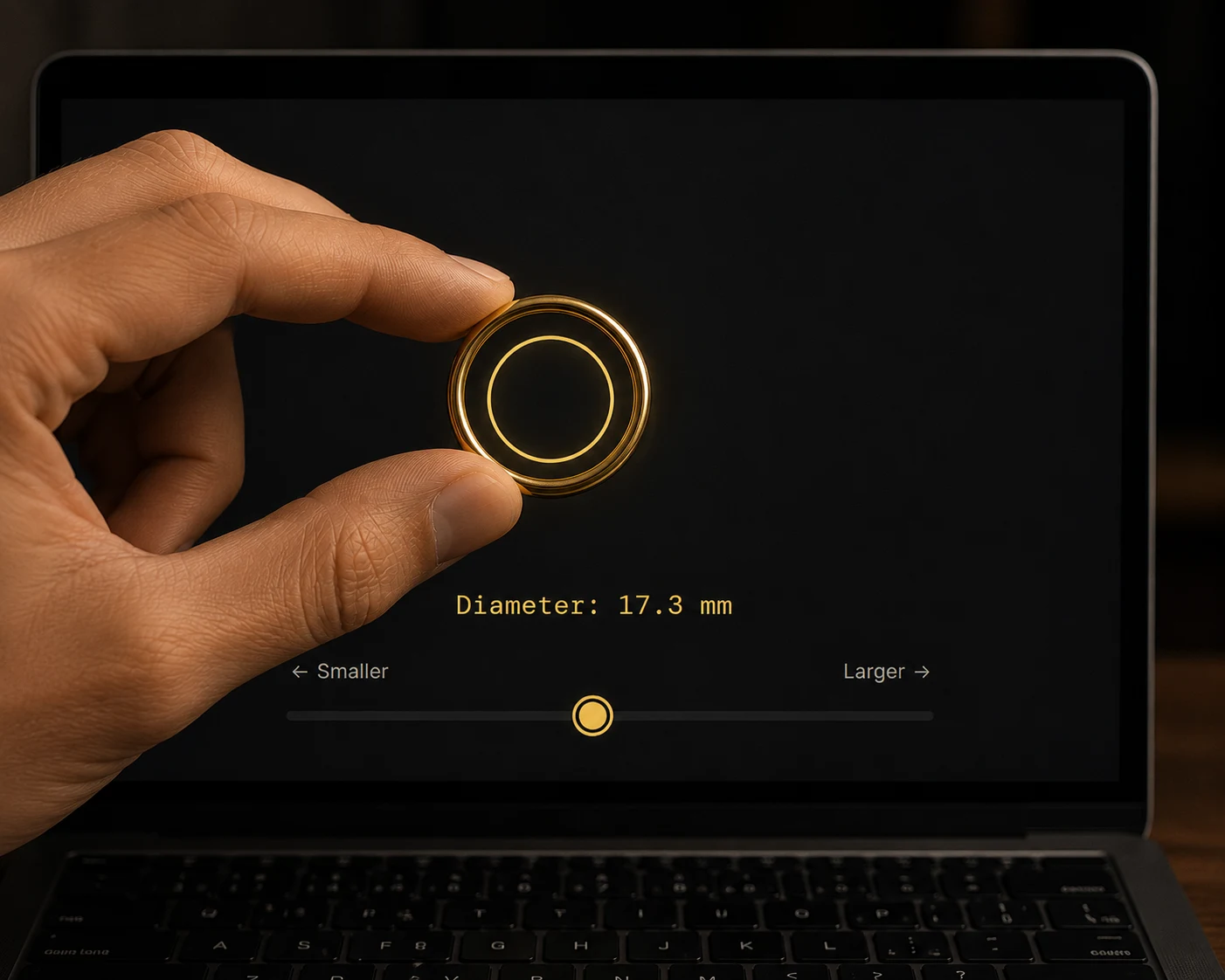 Match the circle to your ring Ring held against the on-screen ring sizer circle to check the fit